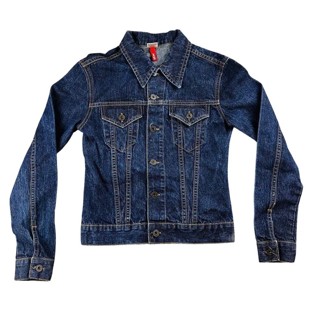 H&M Divided Trucker Jacket Women‎ XS Dark Blue Denim Button Front Chest Pockets